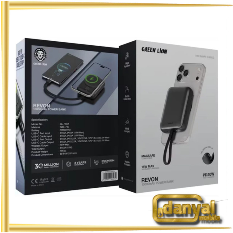 پاوربانک وایرلس گرین لاین Green Lion GL-PX57 REVON 10000mAh 20W Wireless Power bank Gray