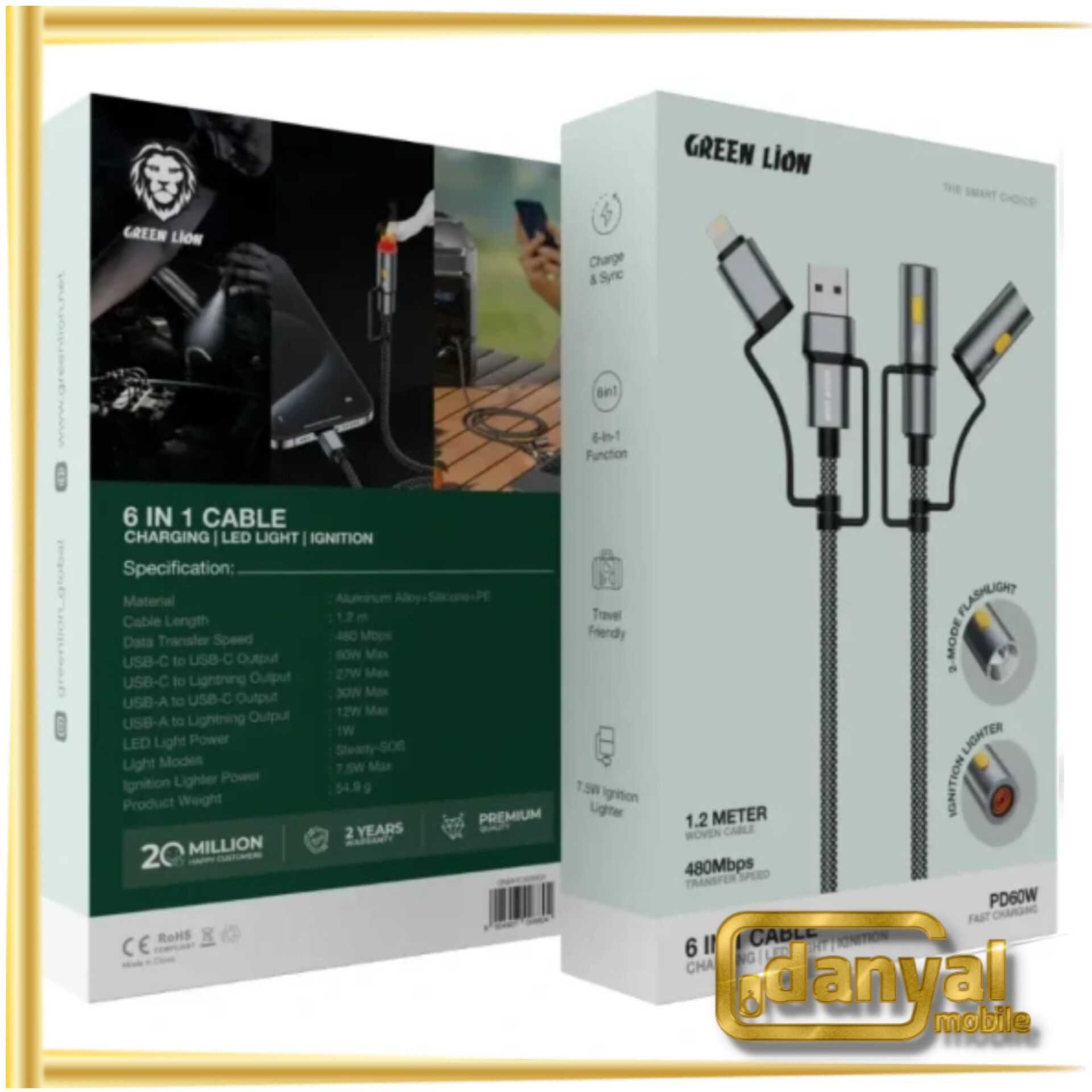کابل شارژ 6 کاره گرین لاین Green Lion 6 in 1 Cable Charging, Led Light, Ignition