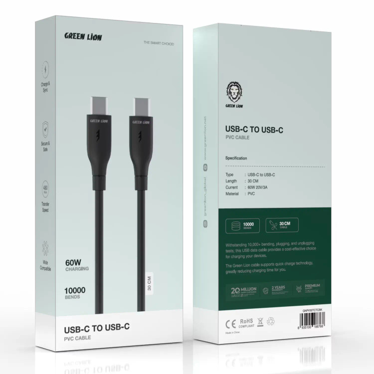 کابل تایپ سی 60 وات گرین لاین Green Lion USB-C to USB-C PVC - مشکی