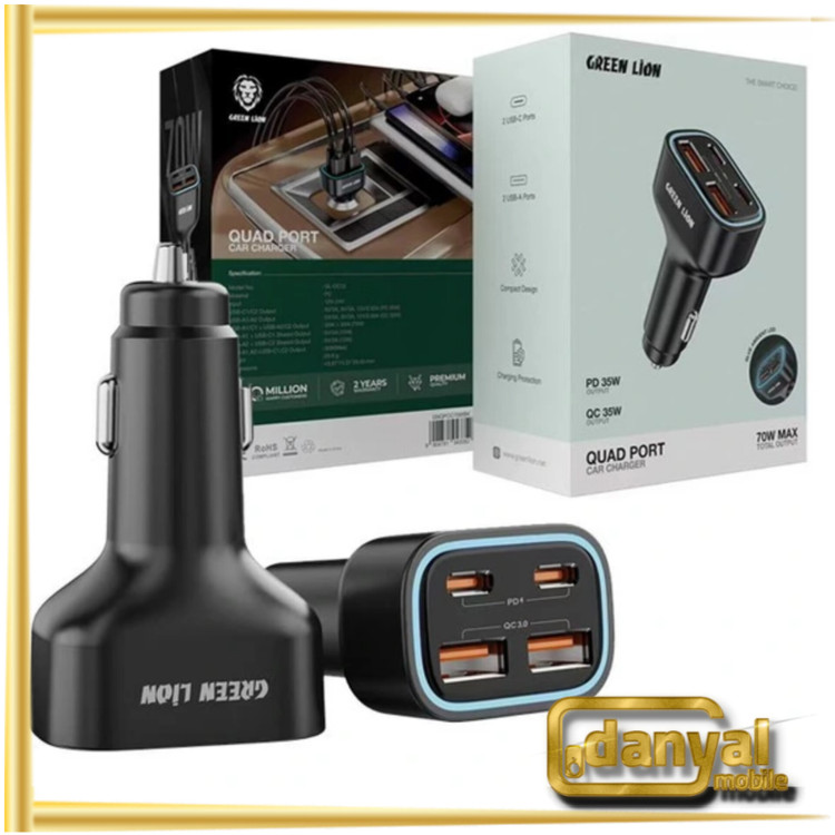 شارژر فندکی 70 وات گرین لاین 4 پورت مدل Green Lion Quad Port 70W Car Charger GNQPCC70WBK