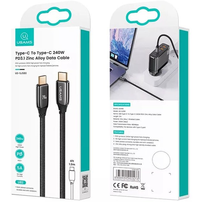 کابل تبدیل فست شارژ Usams US-SJ581 Type-C To Type-C 5A PD3.1 240W 2m
